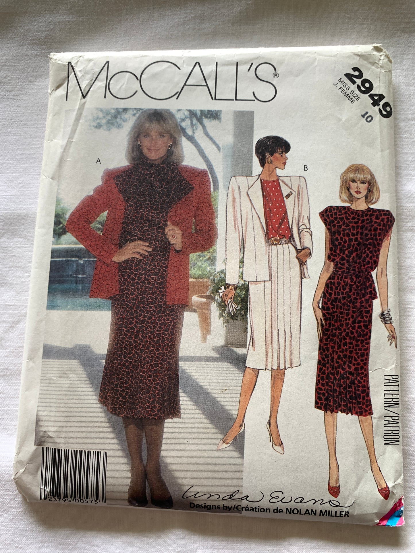 McCall's Sewing Pattern Linda Evans 2949 Misses' Lined Jacket, Top, Scarf, Skirt, Princess Seams, Side Zipper, Size 10, Uncut, Vintage 1987