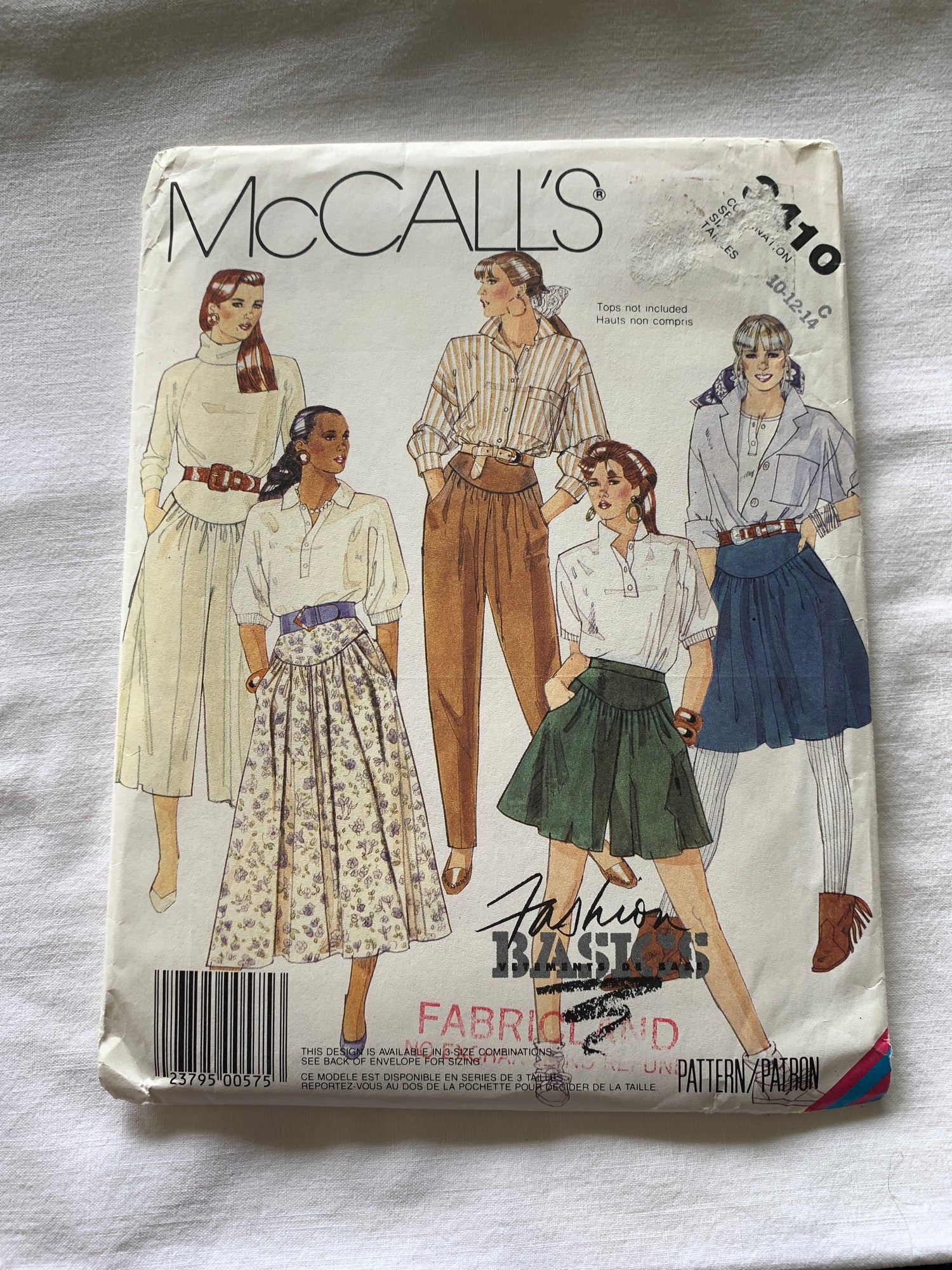 McCall's Sewing Pattern 3410 Misses' Skirt, Culotte, Pants, Pockets, Zipper Back, Size 10-14, Uncut, Vintage 1987