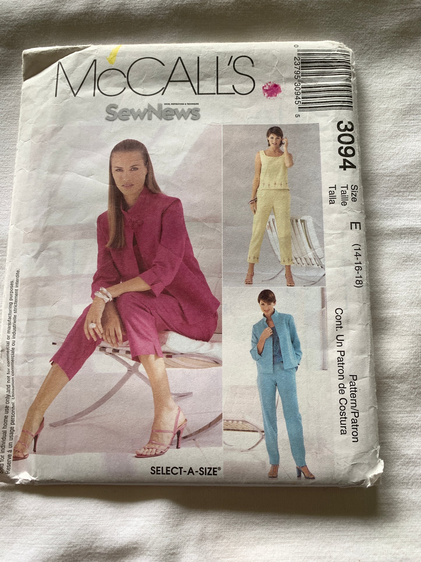 McCall's Sewing Pattern 3094 Misses'/Miss Petite Jacket, Top, Pants, Two Lengths, Long Sleeves, Size 14-18, Uncut, 2001