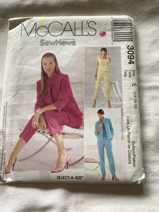 McCall's Sewing Pattern 3094 Misses'/Miss Petite Jacket, Top, Pants, Two Lengths, Long Sleeves, Size 14-18, Uncut, 2001