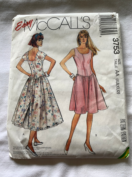 McCall's Sewing Pattern 3753 Misses' Dress, Button Back, Short Sleeves, Princess Seams, Petticoat, Size 6-12, Uncut, Vintage 1988