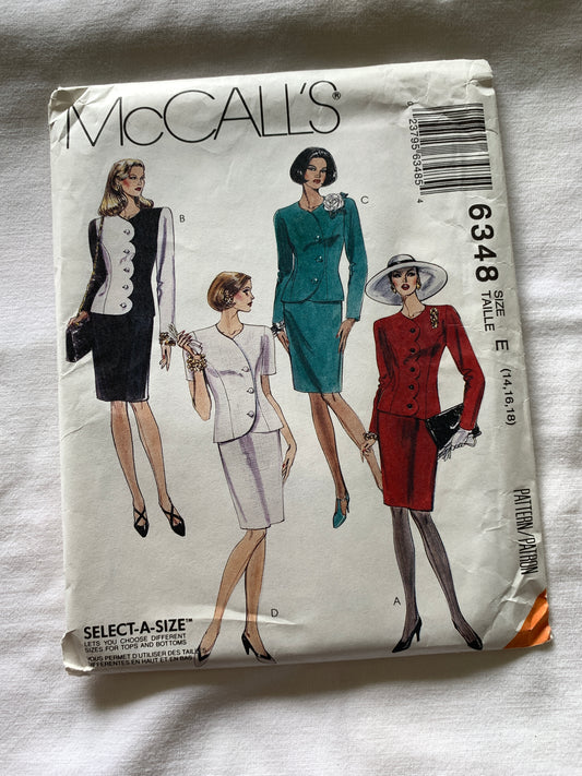 McCall's Sewing Pattern 6348 Misses' Unlined Jacket, Skirt, Semi-Fitted, Princess Seams, Zipper Back, Size 14-18, Uncut, Vintage 1993