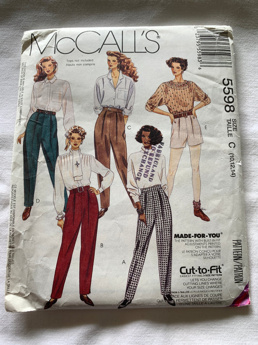 McCall's Sewing Pattern 5598 Misses' Slim Pants, Shorts, Close-Fitting, Zipper Back, Size 10-14, Uncut, Vintage 1991