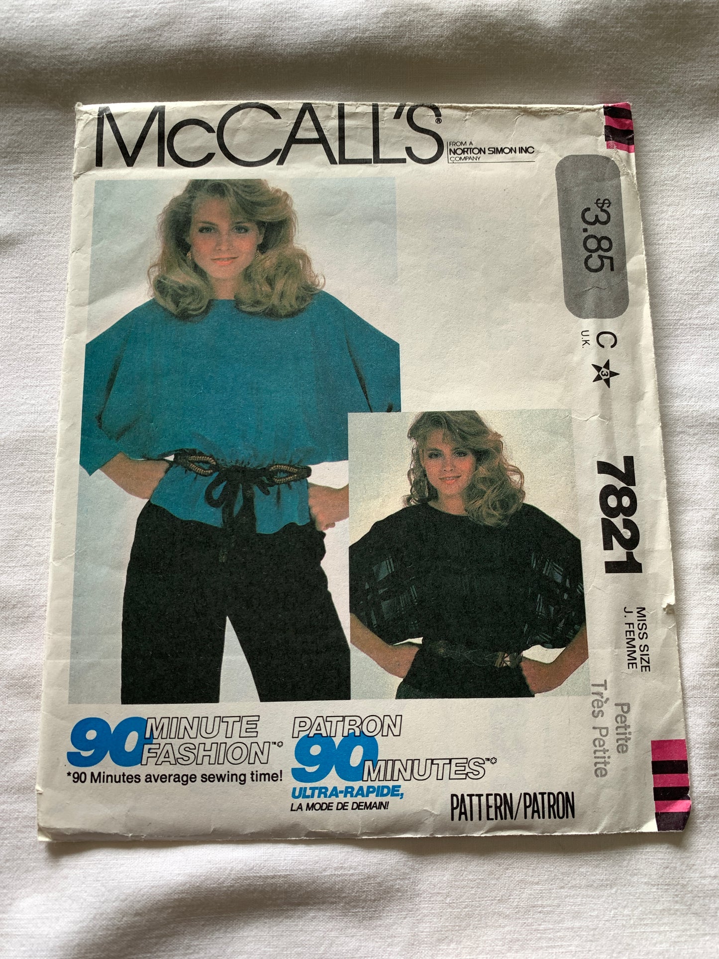 McCall's Sewing Pattern 7821 Misses' Tops, Pullover, Sleeves Cut In One, Size 6-8, Uncut, Vintage 1991