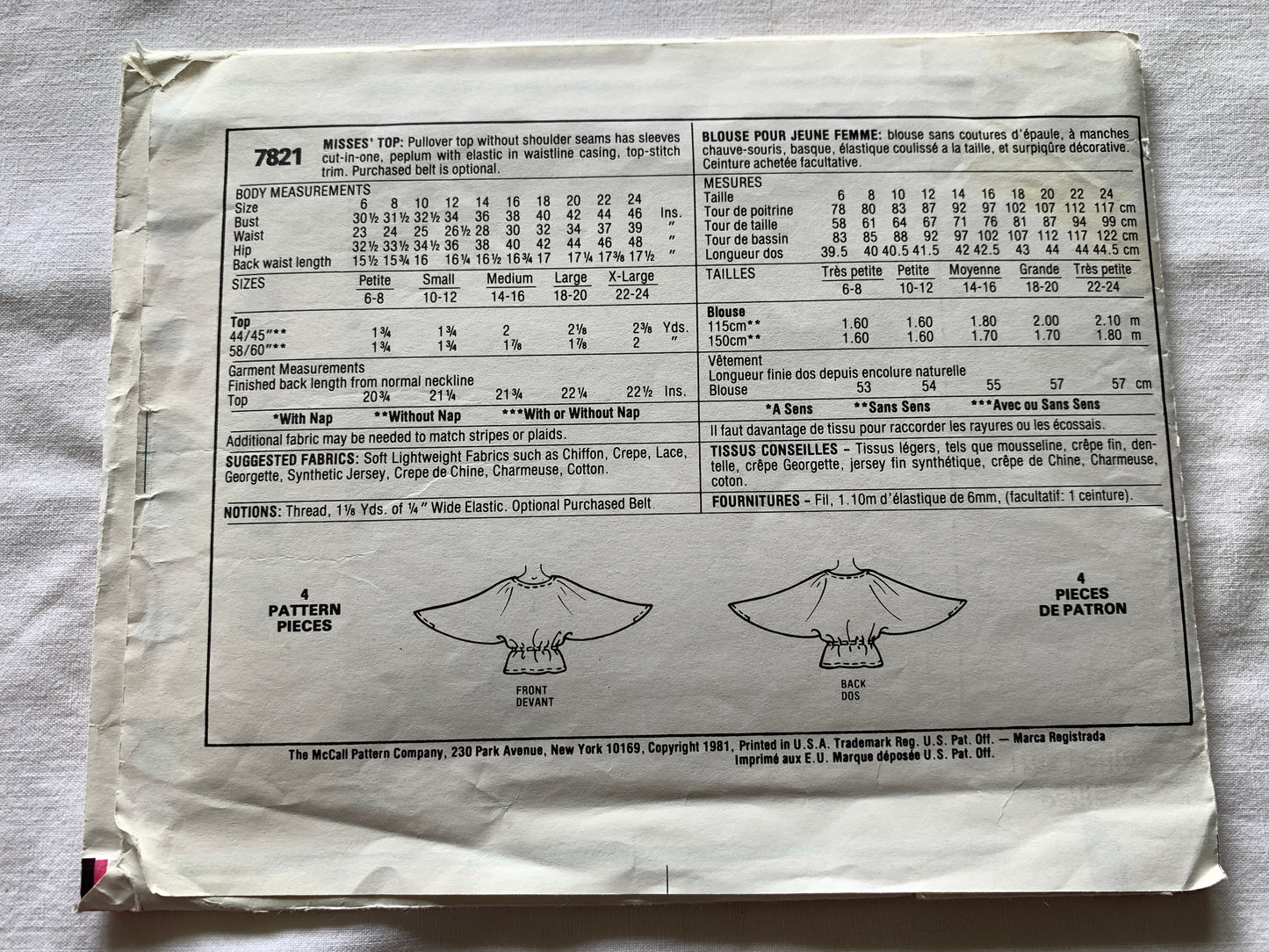 McCall's Sewing Pattern 7821 Misses' Tops, Pullover, Sleeves Cut In One, Size 6-8, Uncut, Vintage 1991