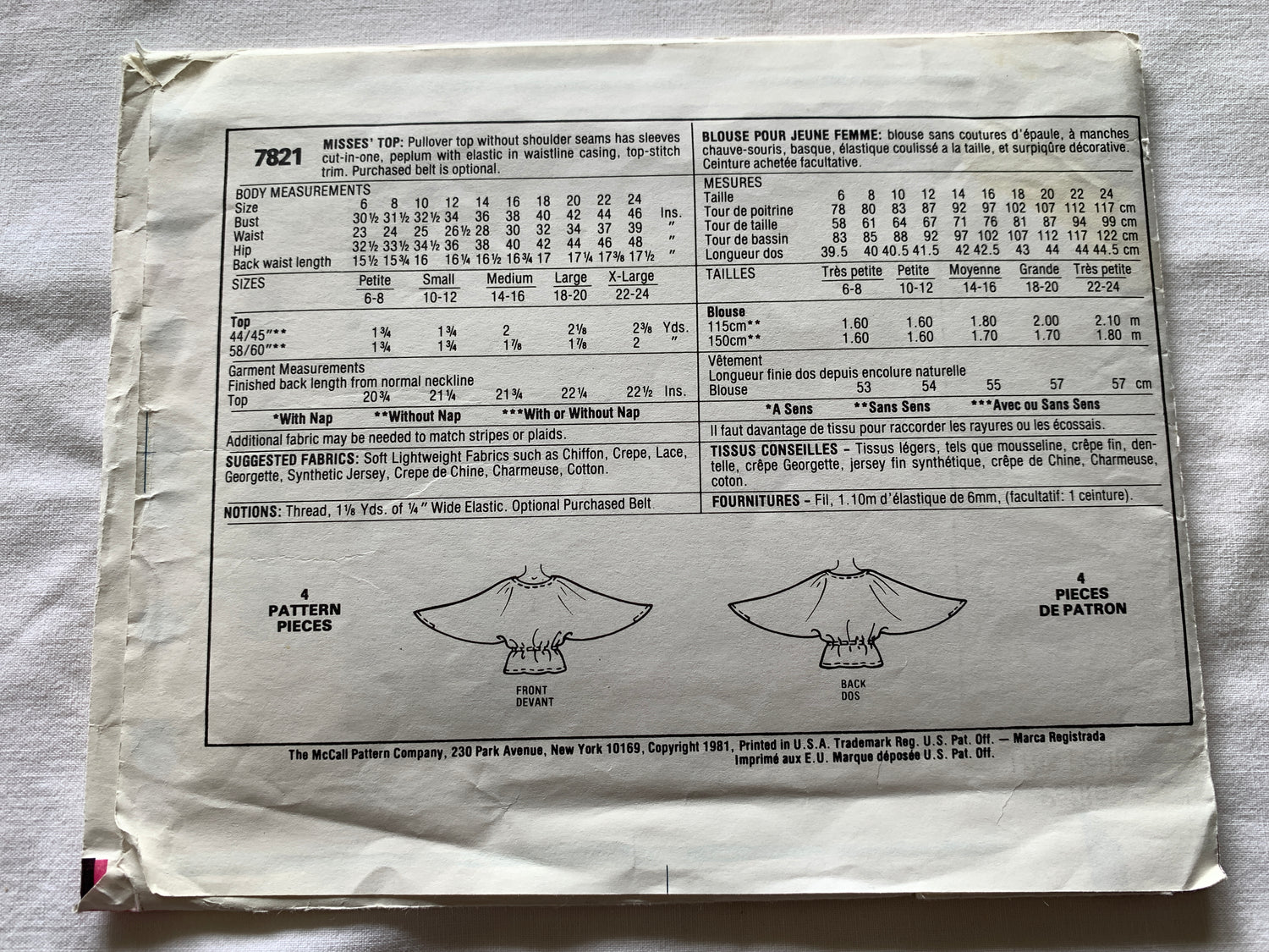 McCall's Sewing Pattern 7821 Misses' Tops, Pullover, Sleeves Cut In One, Size 6-8, Uncut, Vintage 1991