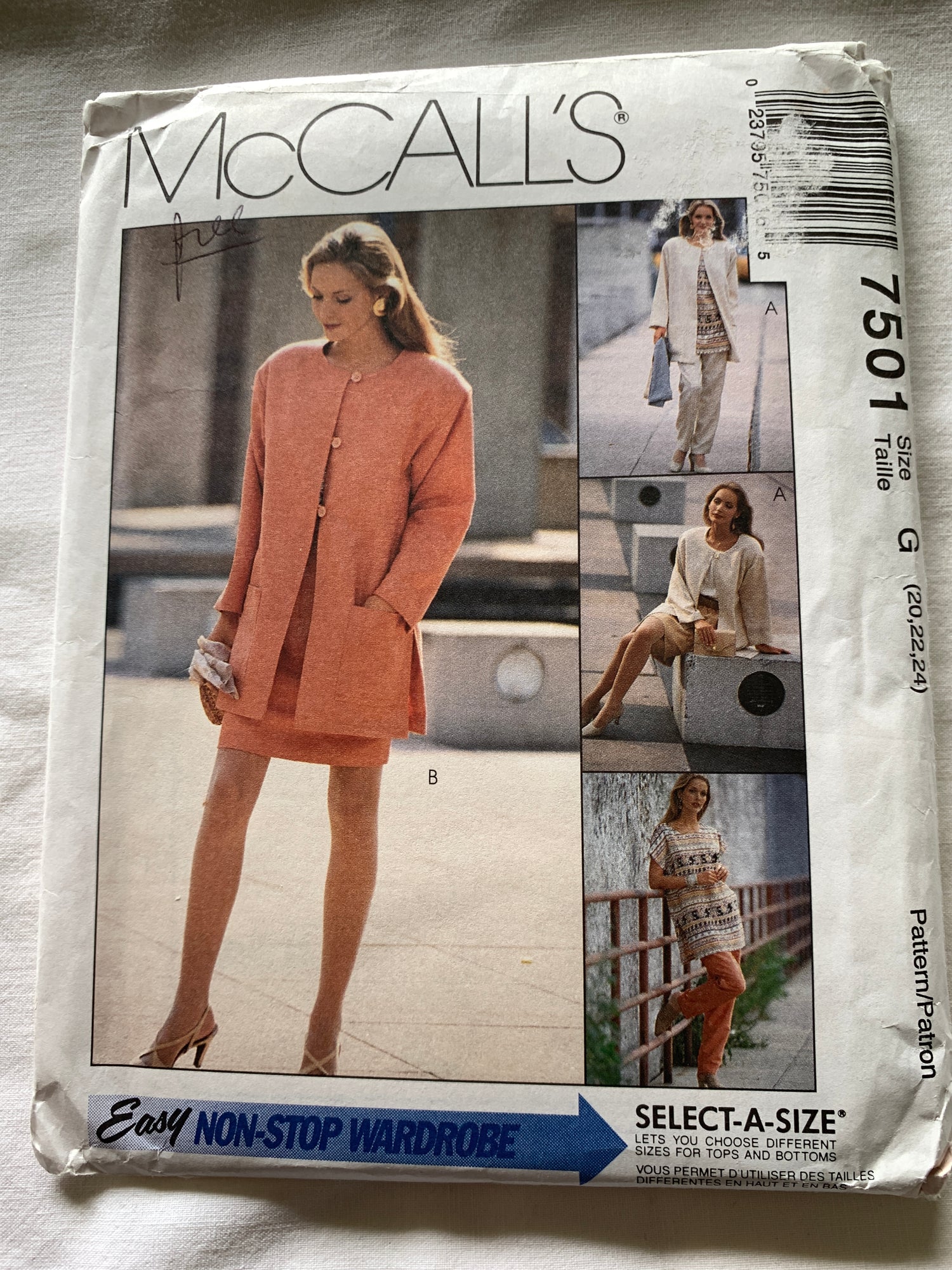 McCall's Sewing Pattern 7501 Misses' Unlined Jacket, Tunic, Top, Pull-On Pants, Skirt, Elastic Waist, Boxy, Button Front, Pockets, Pullover, Size 20-24, Uncut, Vintage 1995