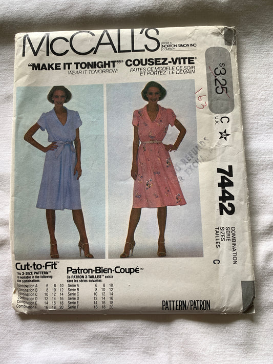 McCall's Sewing Pattern 7442 Misses' Dress, Belt, Pullover, Short Sleeves, Size 10-14, Uncut, Vintage 1980 (Copy)