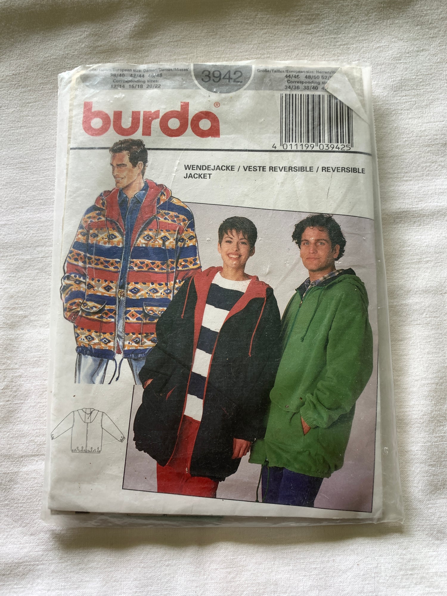 Burda Sewing Pattern 3942 Men's Jacket, Semi-Fitted, Zipper Front, Long Sleeves, Pockets, Hood, Size 38-40, Uncut, 2000