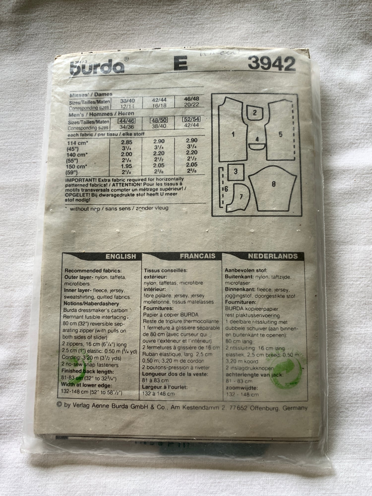 Burda Sewing Pattern 3942 Men's Jacket, Semi-Fitted, Zipper Front, Long Sleeves, Pockets, Hood, Size 38-40, Uncut, 2000