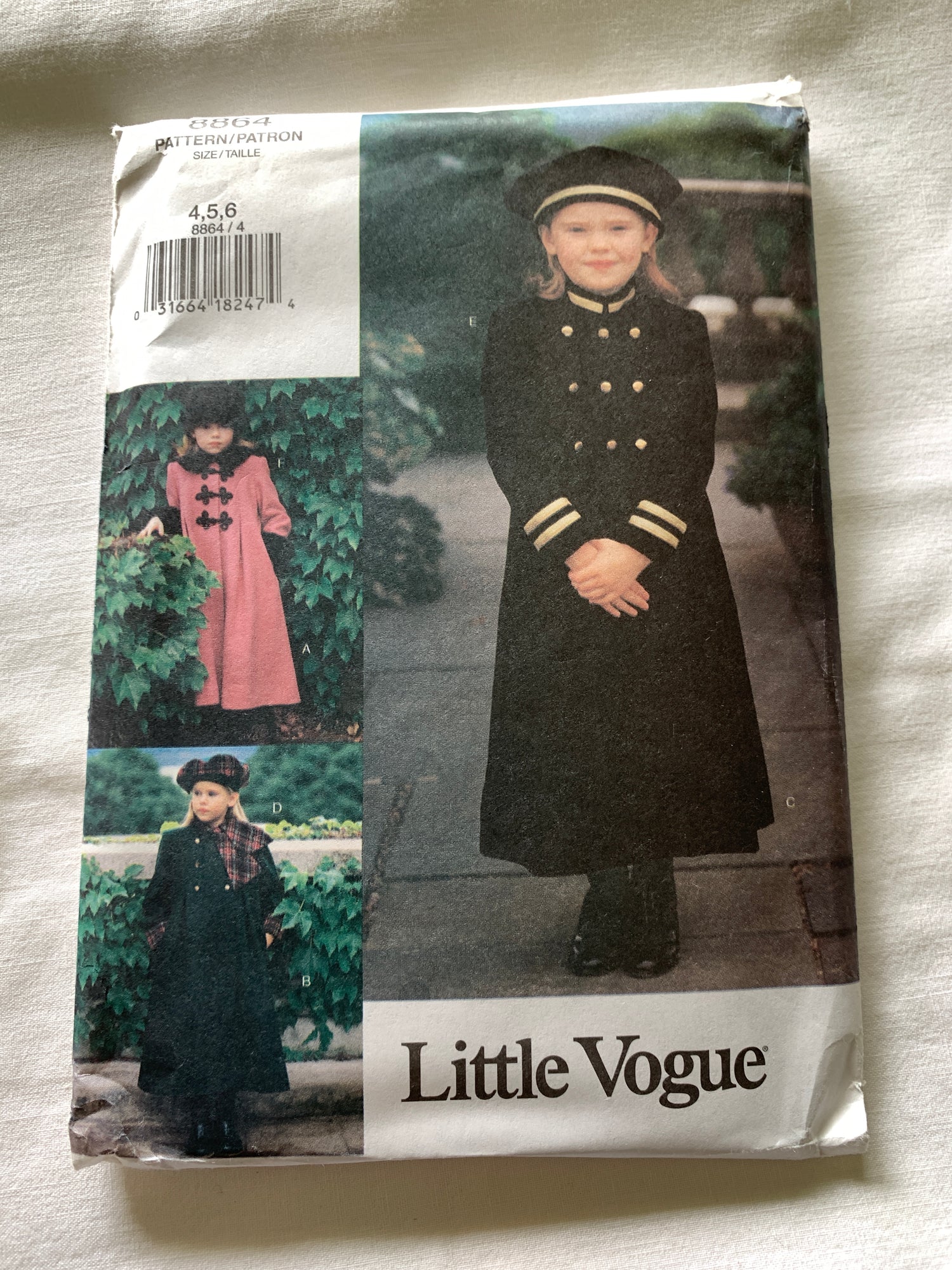 Vogue Little Sewing Pattern 8864 Girls' Coat, Loose-Fitting, Double-Breasted, Pockets, Long Sleeves, Size 4-6, Uncut, Vintage 2001