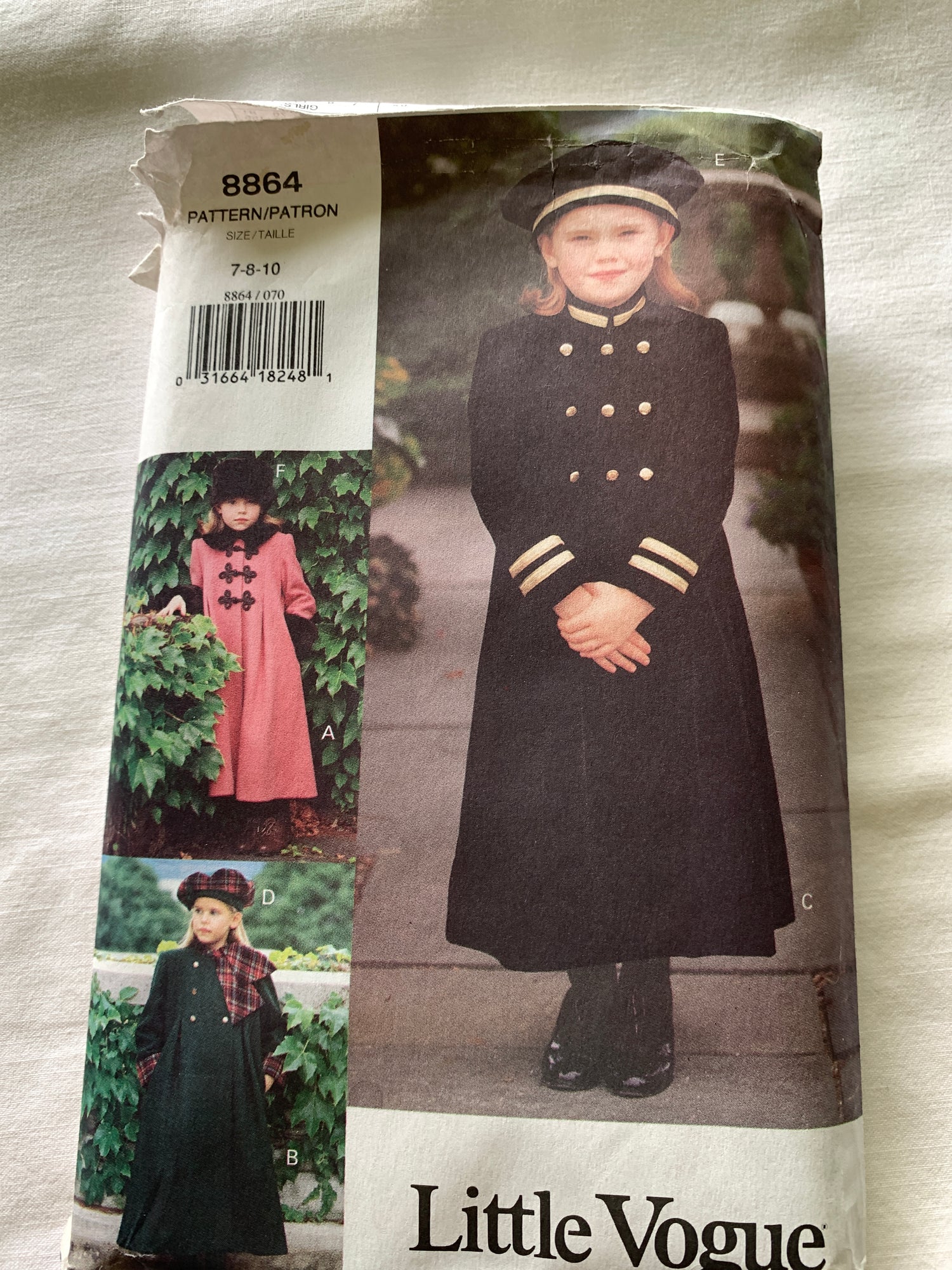 Vogue Little Sewing Pattern 8864 Girls' Coat, Loose-Fitting, Double-Breasted, Pockets, Long Sleeves, Size 7-10, Uncut, Vintage 2001