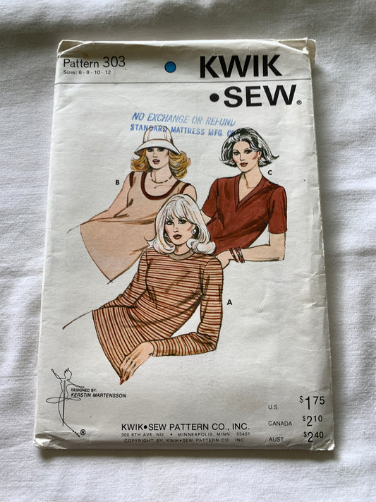 KWIK Sewing Pattern 303 Misses' Stretch Knit Tops, Neck Variations, Long/Short Sleeves, Sleeveless, Size 6-12, Uncut, Vintage 1970