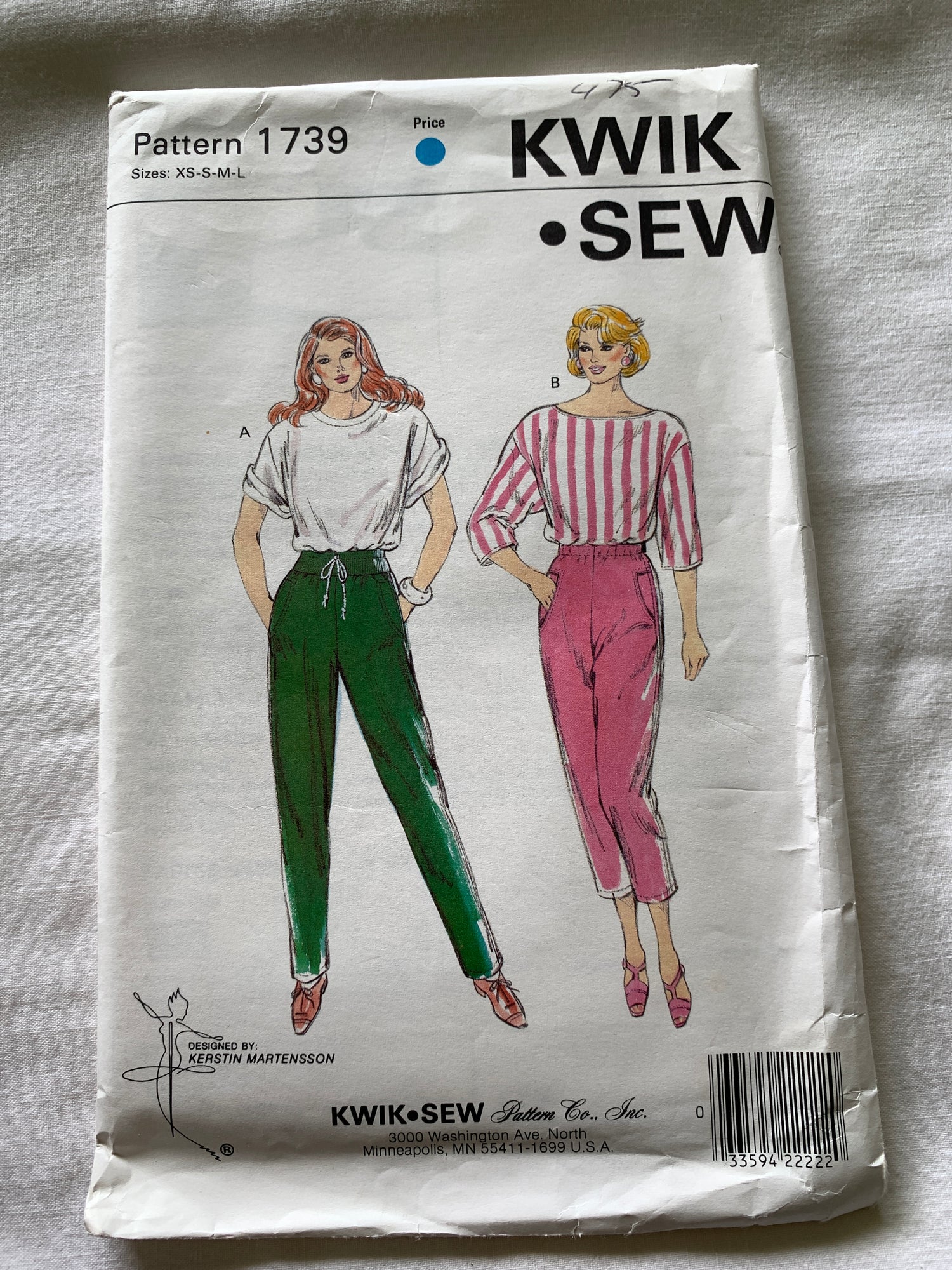 Kwik Sewing Pattern 1739 Misses' Pants, Elastic Waist, Pull-On, Pockets, Drawstring, Size 22-33, Uncut, Vintage 1980