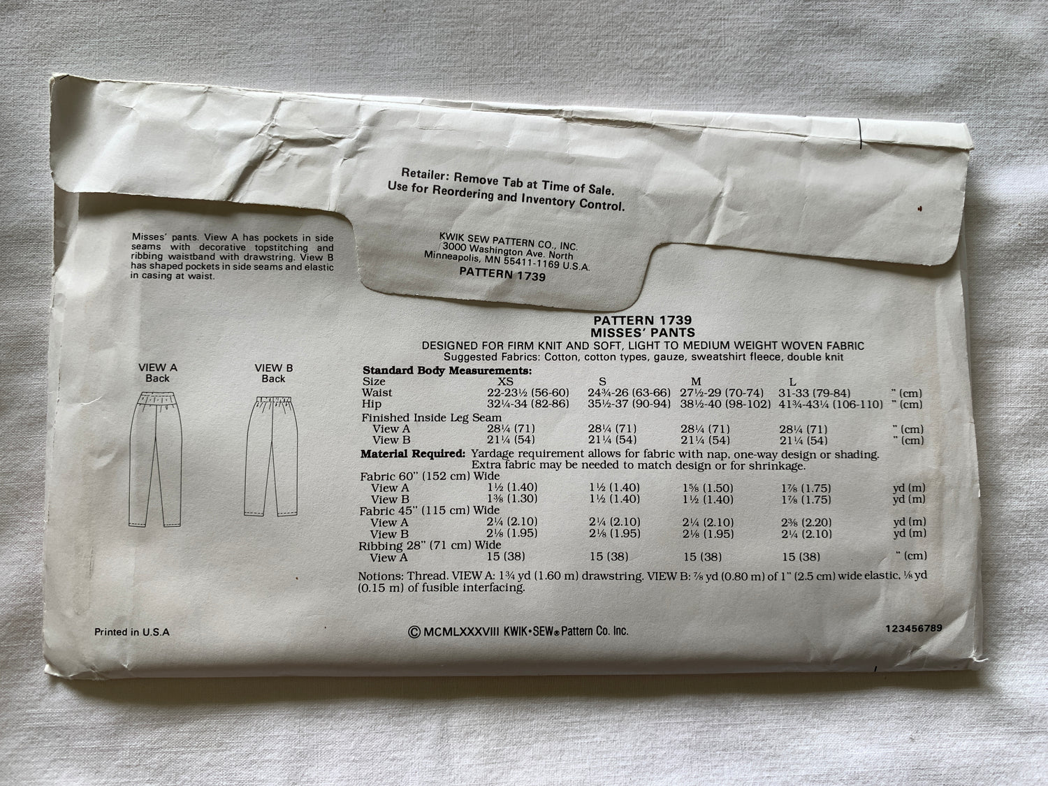 Kwik Sewing Pattern 1739 Misses' Pants, Elastic Waist, Pull-On, Pockets, Drawstring, Size 22-33, Uncut, Vintage 1980