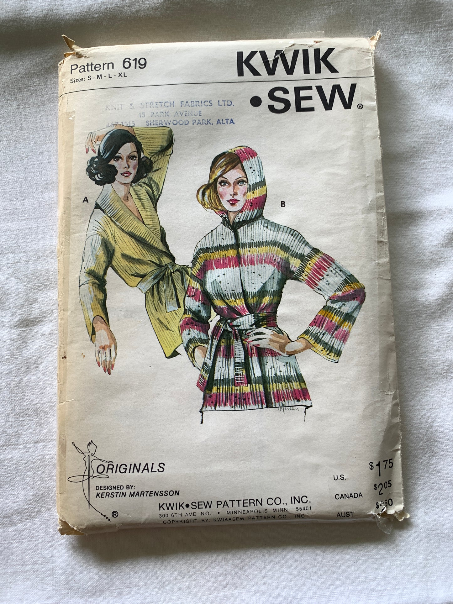 Kwik Sewing Pattern 619 Misses' Wrap Cardigan, Long Sleeves, Loose-Fitting, Shawl Collar, Hood, Size Sm-Xl, Uncut, Vintage 1999