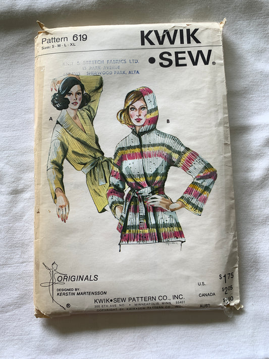 Kwik Sewing Pattern 619 Misses' Wrap Cardigan, Long Sleeves, Loose-Fitting, Shawl Collar, Hood, Size Sm-Xl, Uncut, Vintage 1999
