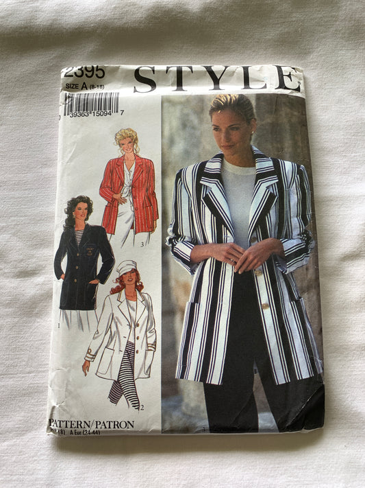 Style Sewing Pattern 2395 Misses' Jackets, Pockets, Button Front, Blazer, Size 8-18, Uncut, Vintage 1994