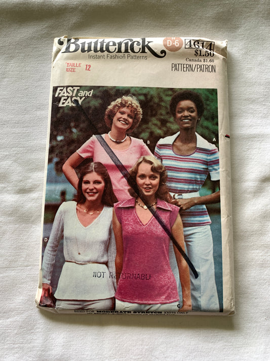 Butterick Sewing Pattern 4614 Misses' T-Shirts, Close-Fitting, Long/Short Sleeves, Pullover, Size 12, Uncut, Vintage 1985