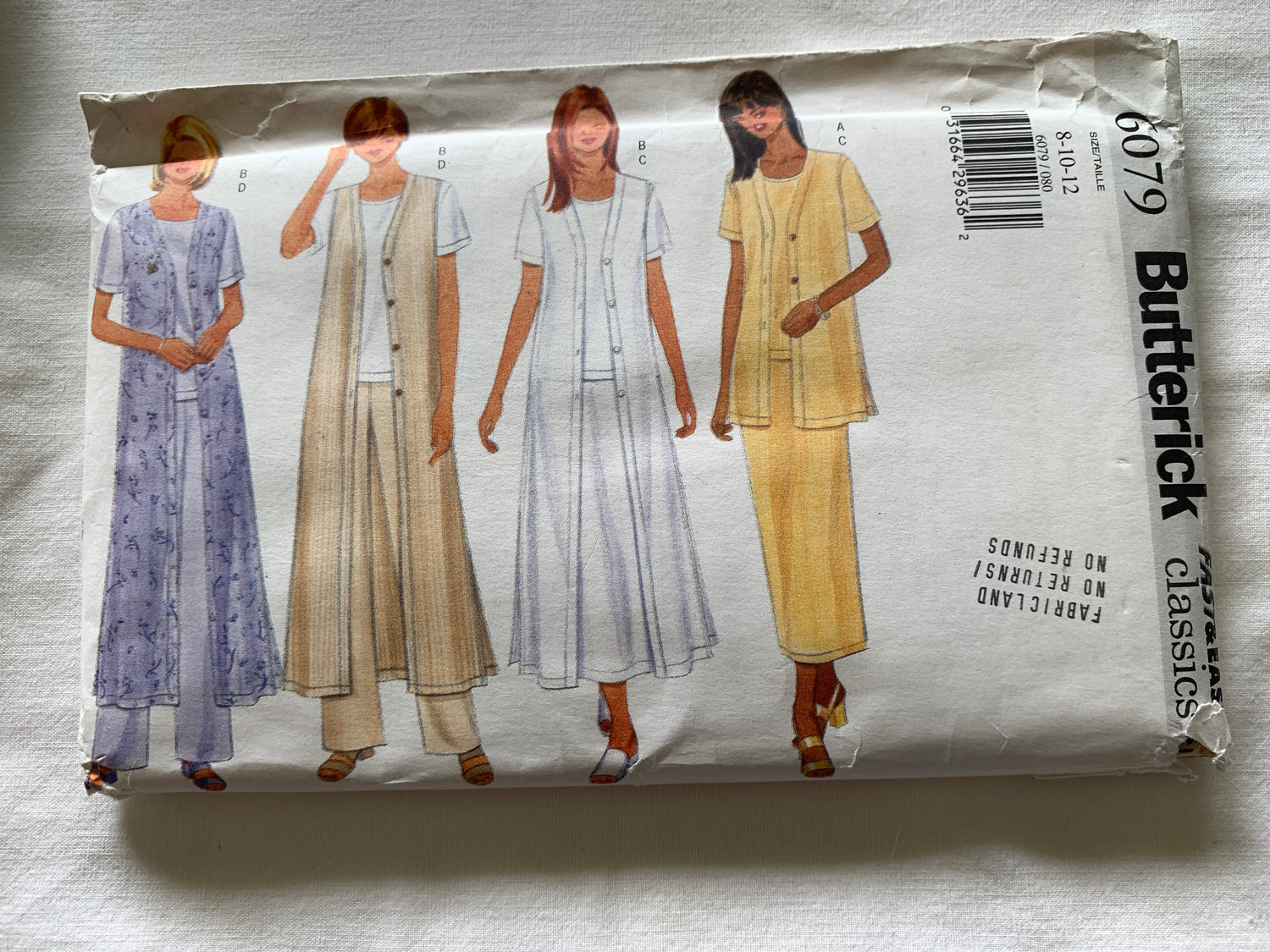 Butterick Sewing Pattern 6568 Misses'/Misses' Petite, Vest, Duster, Top, Skirt, Pants, Loose-Fitting, Button Front, Size 8-12, Uncut, Vintage 1999