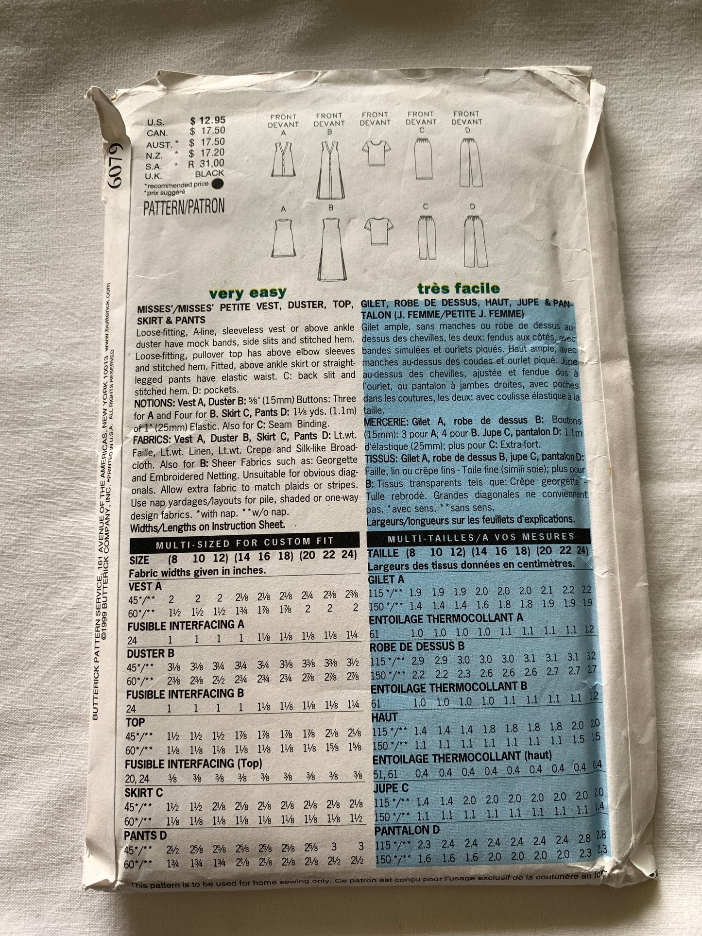 Butterick Sewing Pattern 6568 Misses'/Misses' Petite, Vest, Duster, Top, Skirt, Pants, Loose-Fitting, Button Front, Size 8-12, Uncut, Vintage 1999