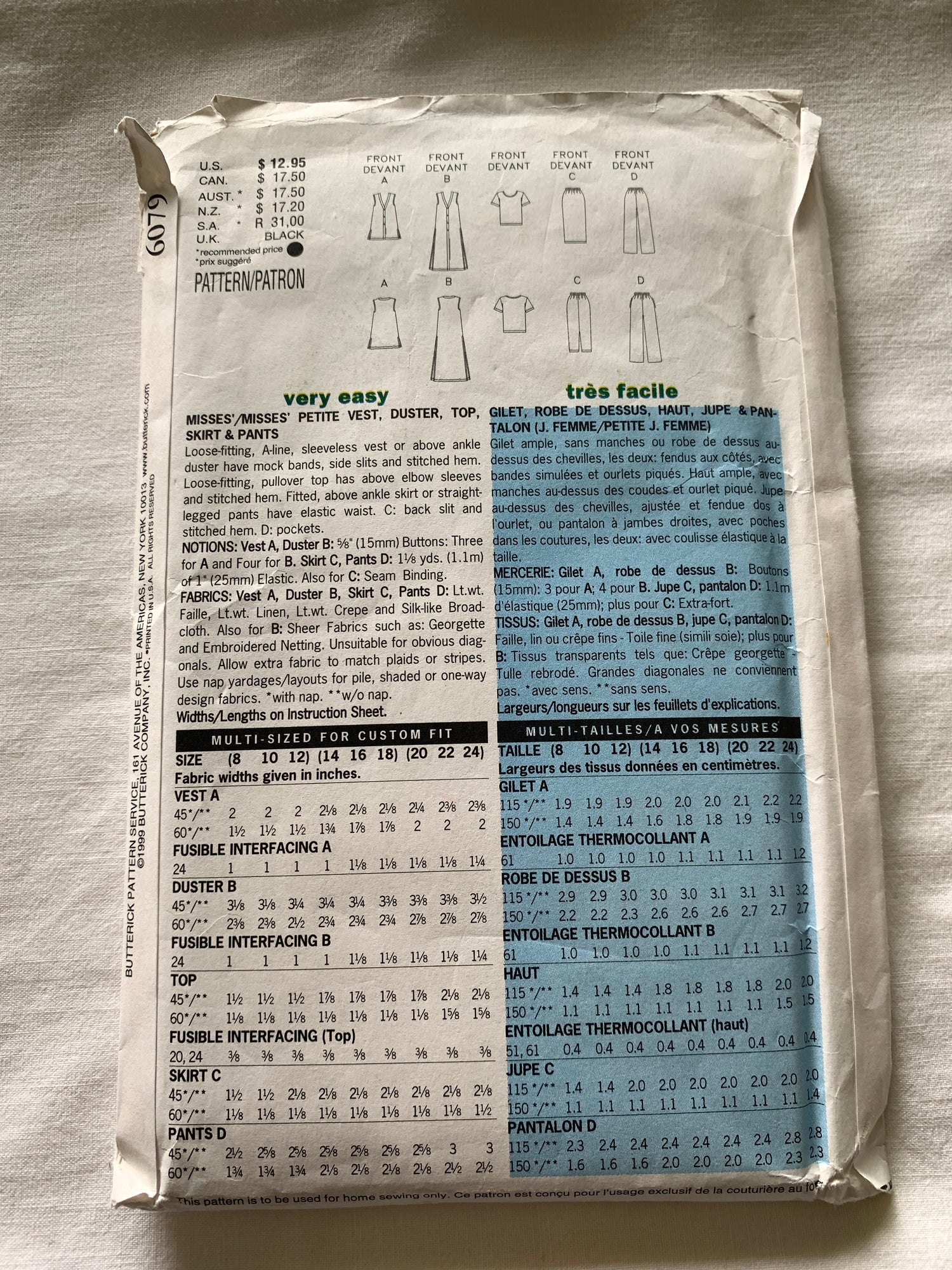 Butterick Sewing Pattern 6568 Misses'/Misses' Petite, Vest, Duster, Top, Skirt, Pants, Loose-Fitting, Button Front, Size 8-12, Uncut, Vintage 1999
