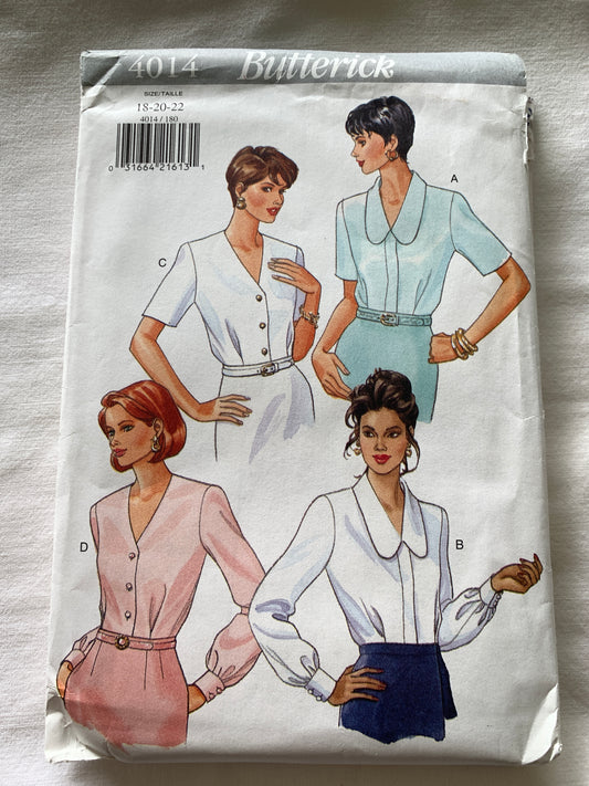 Butterick Sewing Pattern 4014 Misses' Blouse, Loose-Fitting, Long/Short Sleeves, Shoulder Pads, Button Front, Size 18-22, Uncut, Vintage 1995