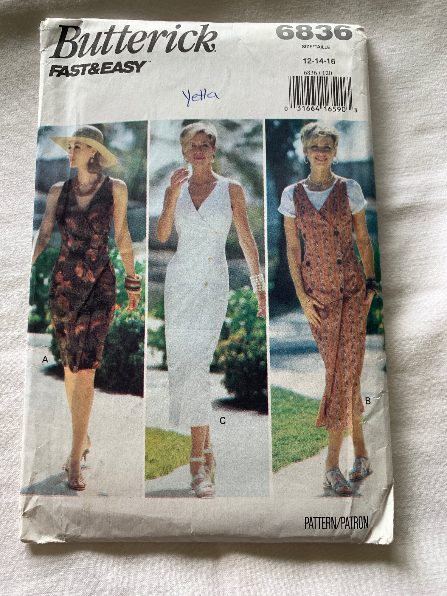 Butterick Sewing Pattern 6836 Misses' Dress, Two Lengths, Fitted, Button Front, Sleeveless, Double Breasted, Size 12-16, Uncut, Vintage 1993