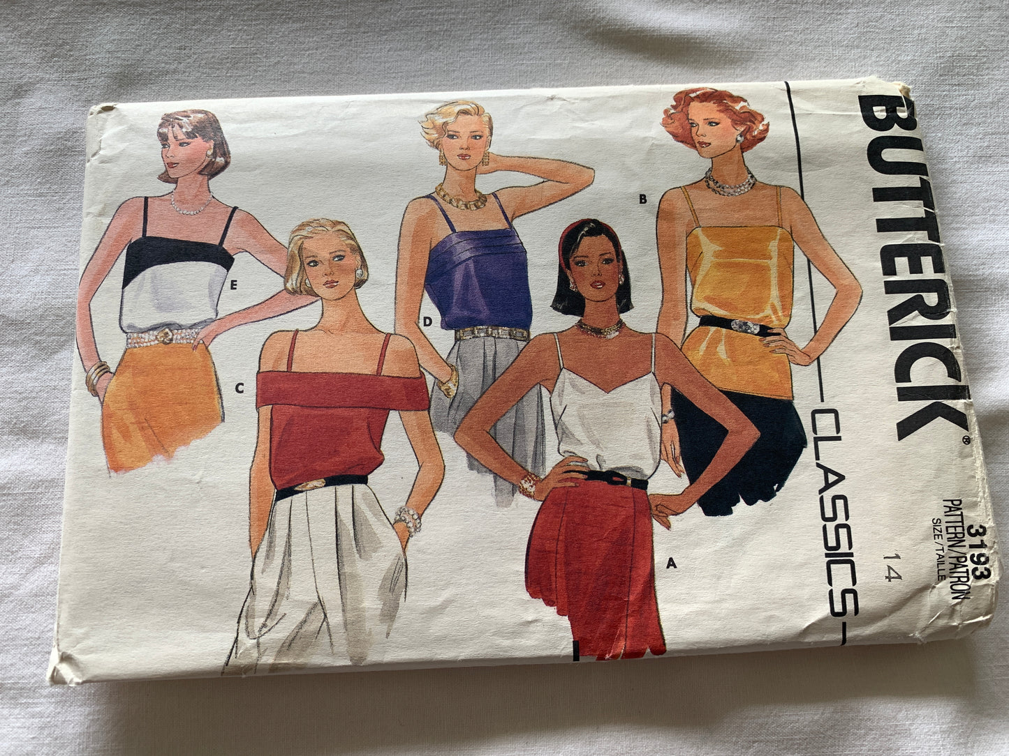 Butterick Sewing Pattern 3193 MIsses' Camisole, Shoulders Straps, Loose-Fitting, 5 Variations, Size 14, Uncut, Vintage 1985