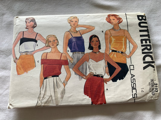 Butterick Sewing Pattern 3193 MIsses' Camisole, Shoulders Straps, Loose-Fitting, 5 Variations, Size 14, Uncut, Vintage 1985