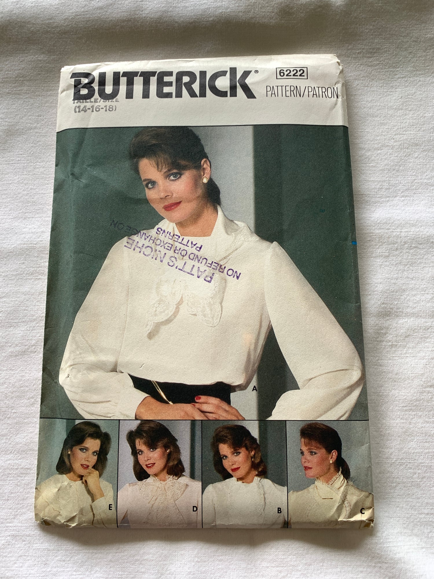 Butterick Sewing Pattern 6222 Misses' Blouse, Loose-Fitting, Long Sleeves, Pullover, 5 Collar Variations, Size 14-18, Uncut, Vintage 1995