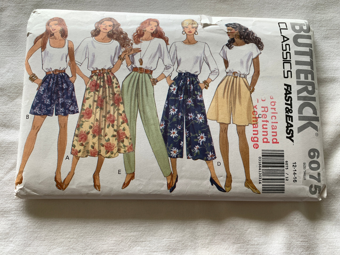 Butterick Sewing Pattern 6075 Misses' Skirt, Split Skirt, Tapered Pants, Pockets, Two Lengths, Elastic Waist, Size 12-16, Uncut, Vintage 1992