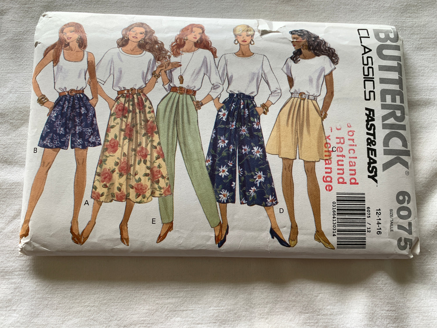 Butterick Sewing Pattern 6075 Misses' Skirt, Split Skirt, Tapered Pants, Pockets, Two Lengths, Elastic Waist, Size 12-16, Uncut, Vintage 1992