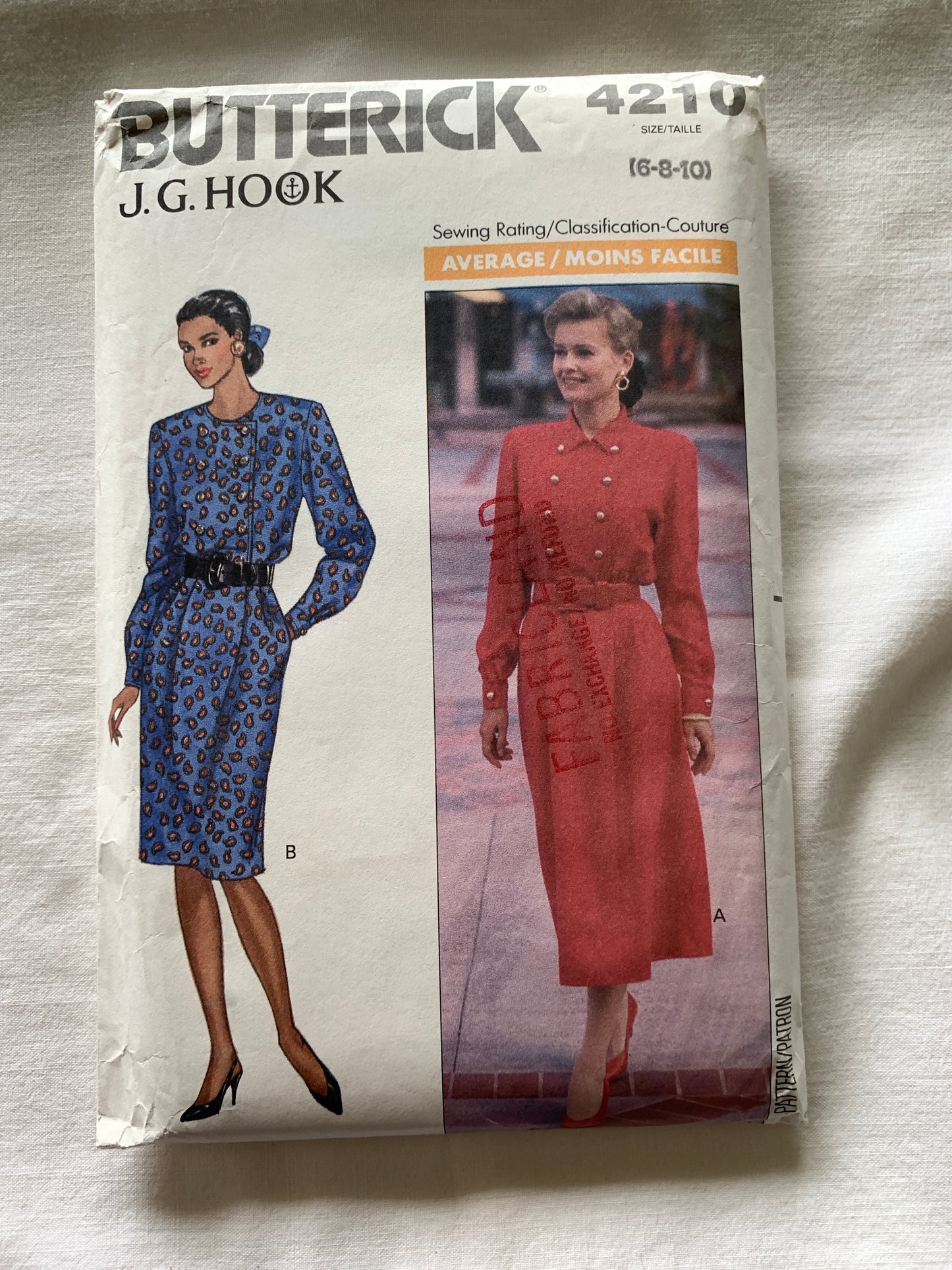 Butterick J G Hook Sewing Pattern 4210 Misses'/Misses' Petite Dress, Loose-Fitting, Button Front, Pockets, Size 6-10, Uncut, Vintage 1989