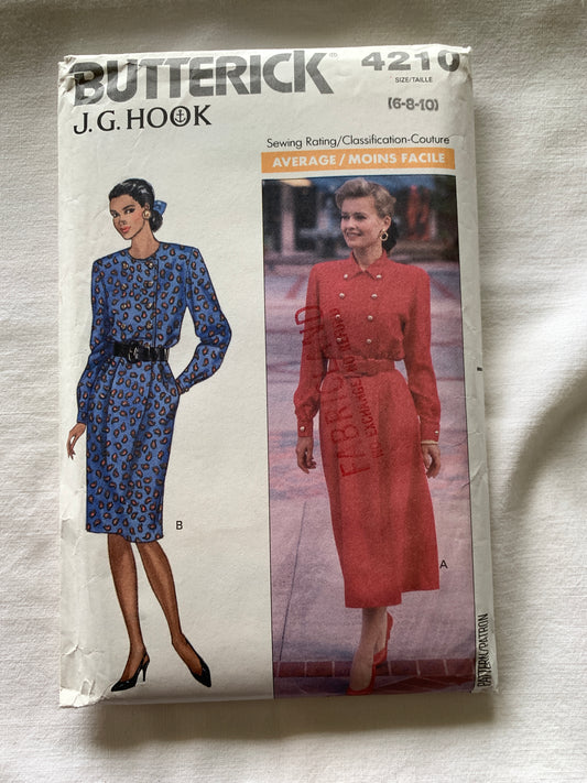 Butterick J G Hook Sewing Pattern 4210 Misses'/Misses' Petite Dress, Loose-Fitting, Button Front, Pockets, Size 6-10, Uncut, Vintage 1989