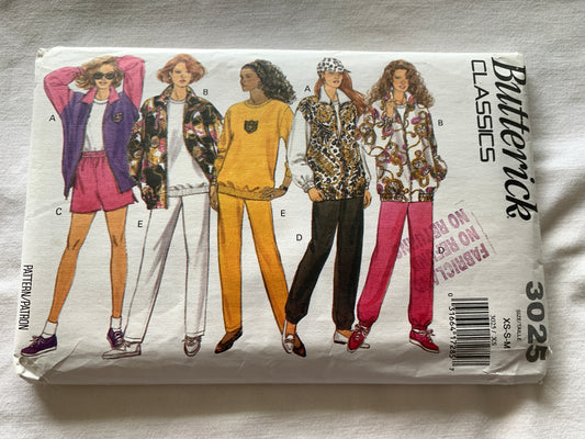 Butterick Sewing Pattern 3025 Misses' Jacket, Top, Shorts, Pants, Zipper Front, Pockets, Pullover, Long Sleeves, Size 6-14, Uncut, Vintage 1993