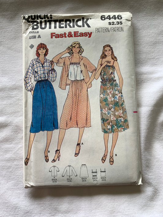 Butterick Sewing Pattern 6446 Misses' Skirt, Blouse, Camisole, Loose-Fitting, Long/Short Sleeves, Elastic Waist, Pockets Size 6-10, Uncut, Vintage 1999