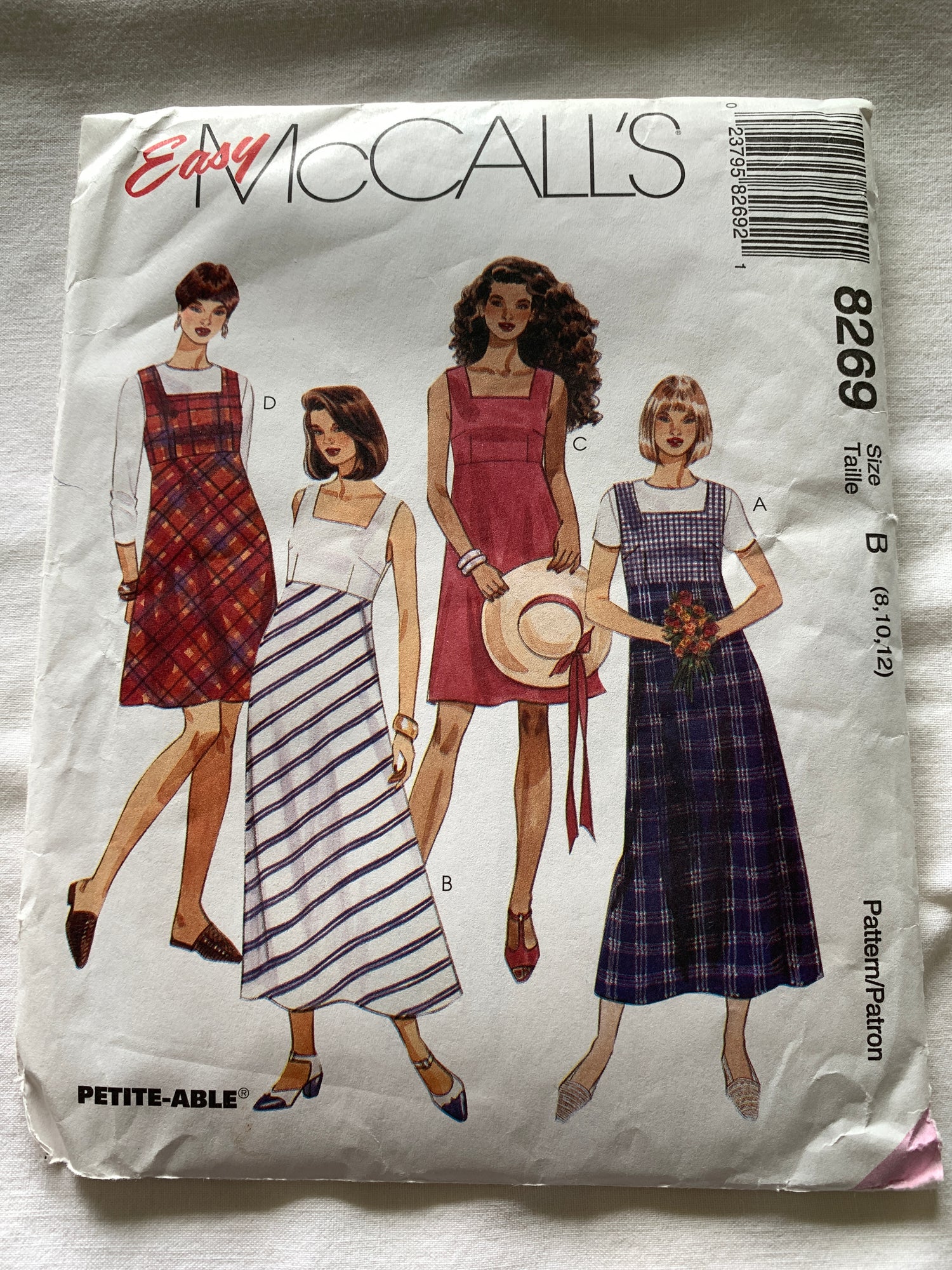 McCall's Sewing Pattern 8269 Misses' Sundress, Jumper, Two Lengths, Sleeveless, Zipper Back, Size 8-12, Cut, Vintage 1996