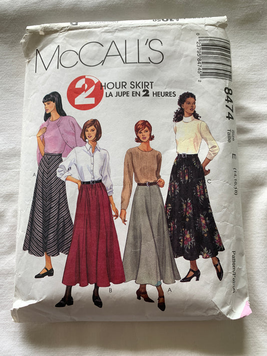 McCall's Sewing Pattern 8474 Misses' Skirt, Zipper Back, Waistband, Flared, Size 14-18, Cut, Vintage 1996
