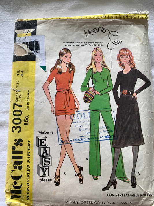 McCall's Sewing Pattern 3007 Misses' Top, Dress, Pants, Shorts, Stretch Knits, Zipper Back, Long/Short Sleeves, Size 12, Cut, Vintage 1971