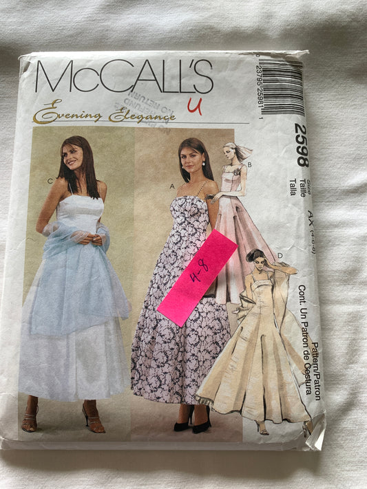 McCall's Sewing Pattern 2598 Misses' Lined Gowns, Dress, Crinoline, Stole, Size 4-8, Cut, Vintage 2000