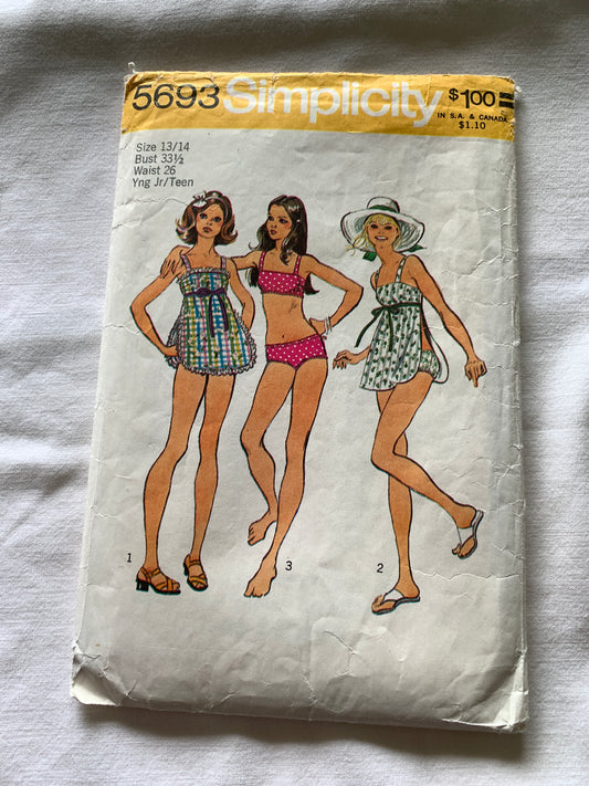 Simplicity Sewing Pattern 5693 Junior/Teens' Swimsuit, Bathing Suits, Bikini, Cover-Up, Two Piece, Size 13/14, Cut, Vintage 1973