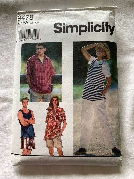 Simplicity 9478 Men's Misses' Teens' Pants, Shorts, Knit Top, Pullover Pockets, Size 30-40, Cut, Vintage 1995