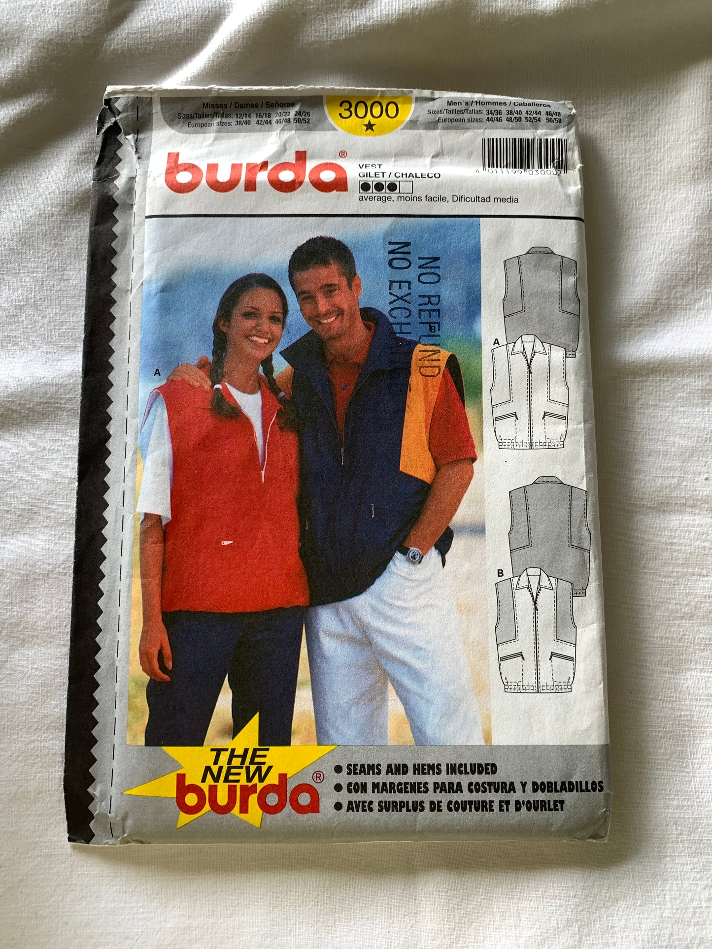 Burda Sewing Pattern 3000 Men's/Misses' Vest, Zipper Front, Collar, Pockets, Loose-Fitting, Size All, Uncut, 2000