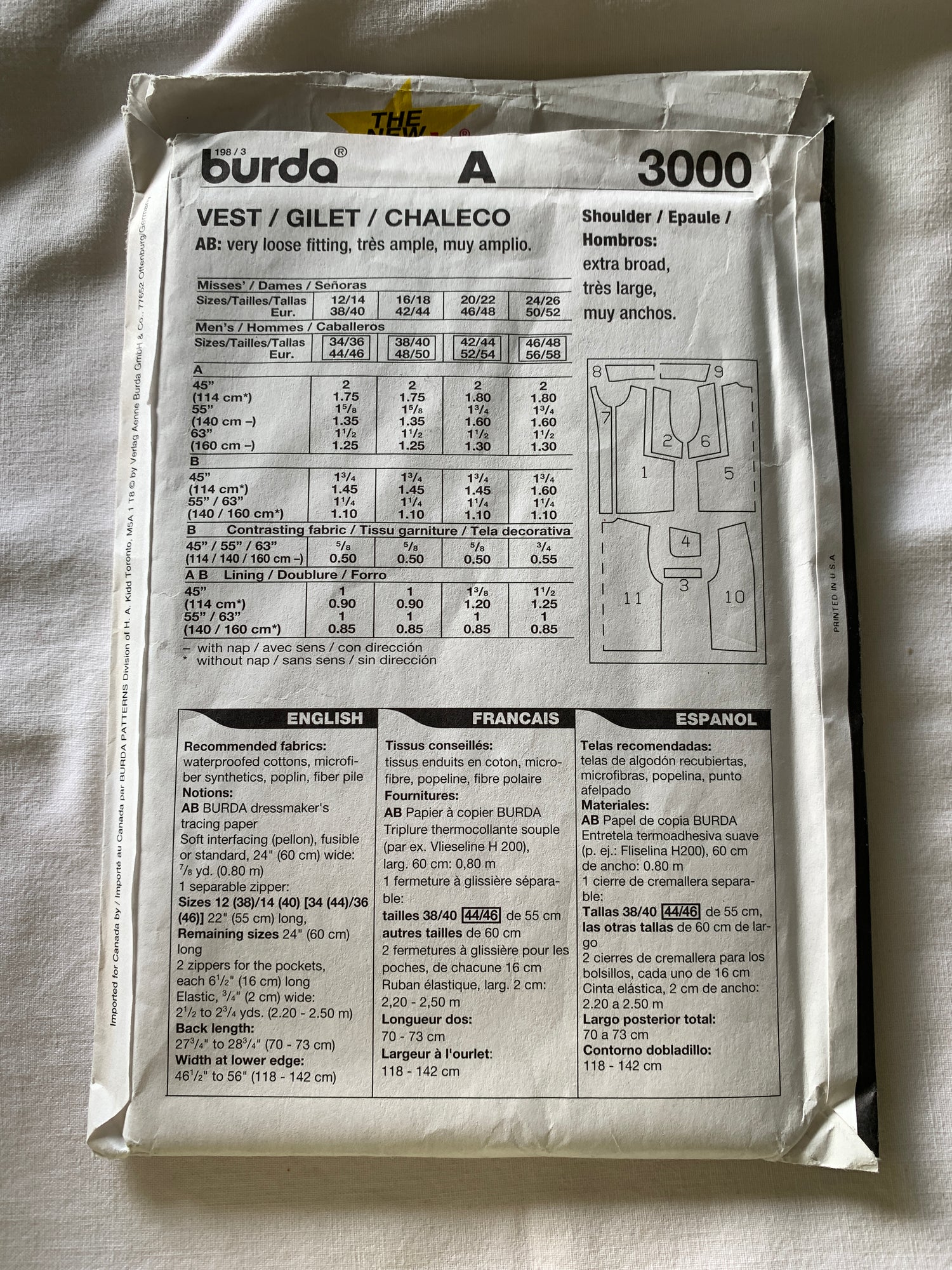 Burda Sewing Pattern 3000 Men's/Misses' Vest, Zipper Front, Collar, Pockets, Loose-Fitting, Size All, Uncut, 2000