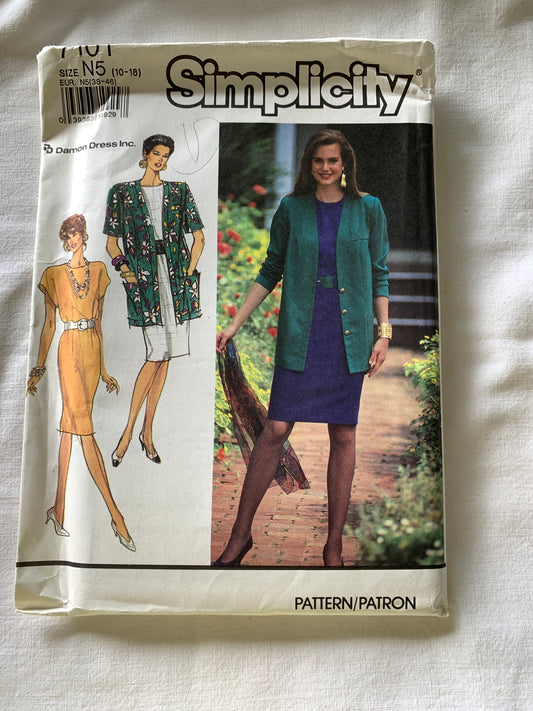 Simplicity Sewing Pattern 7101 Misses'/Miss Petite Dress, Unlined Jacket, Long/Short Sleeves, Pockets, Pockets, Size 10-18, Uncut, Vintage 1991