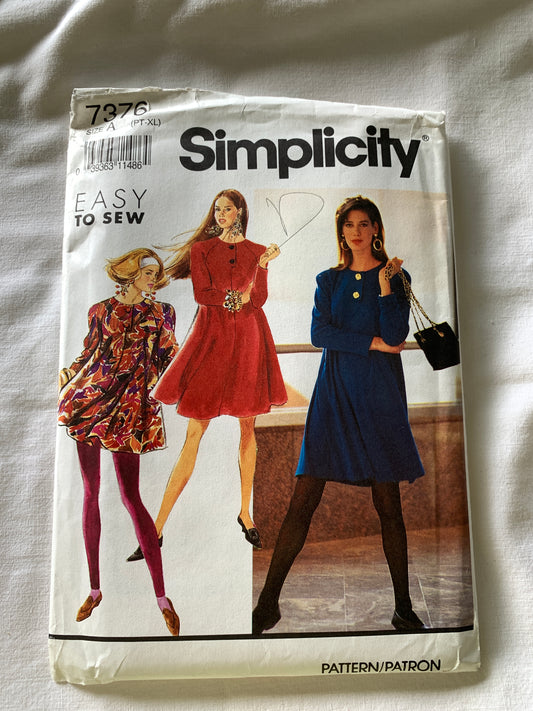Simplicity Sewing Pattern 7376 Misses'/Miss Petites Dress, Tunic, Long Sleeves, Two Lengths, Button Front, Size 6-24, Uncut, Vintage 1991