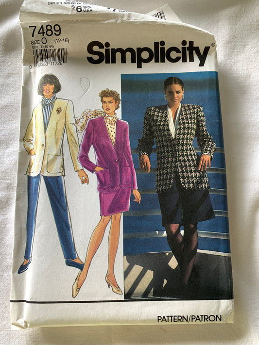 Simplicity Sewing Pattern 7489 Misses' Lined Jacket, Skirt, Pants, Shorts, Zipper Back, Semi-Fitted, Pockets, Size 12-16, Uncut, Vintage 1991