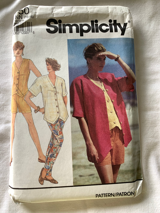 Simplicity Sewing Pattern 7750 Misses' Pants, Top, Vest, Shorts, Over-Shirt, Elastic Waist, Pockets, Size 10-16, Uncut, Vintage 1992