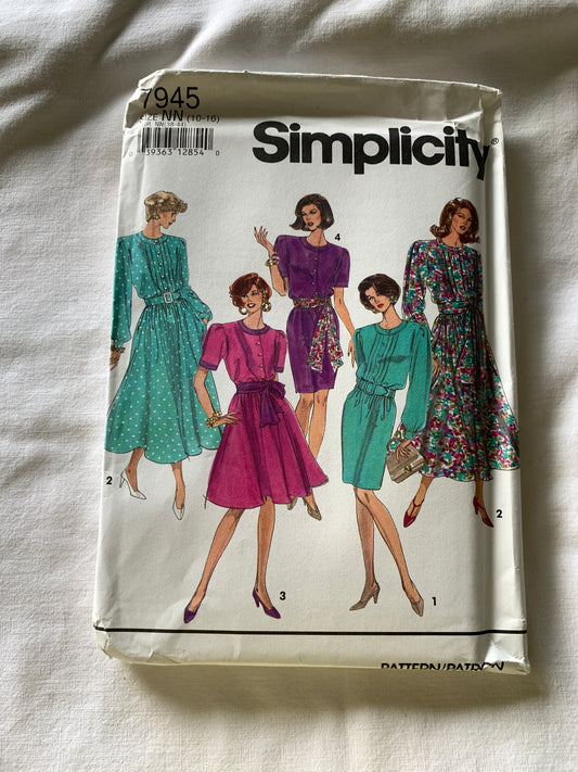 Simplicity Sewing Pattern 7945 Misses'/Miss Petite Dress, Two Lengths, Long/Short Sleeves, Button Front, Sash, Size 10-16, Uncut, Vintage 1992